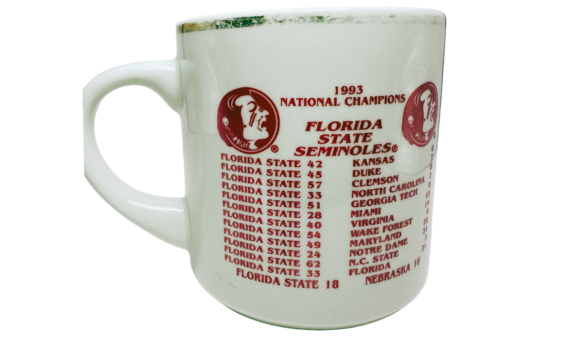1993 Florida State Champions Mug back view with Seminoles logos and championship season scores