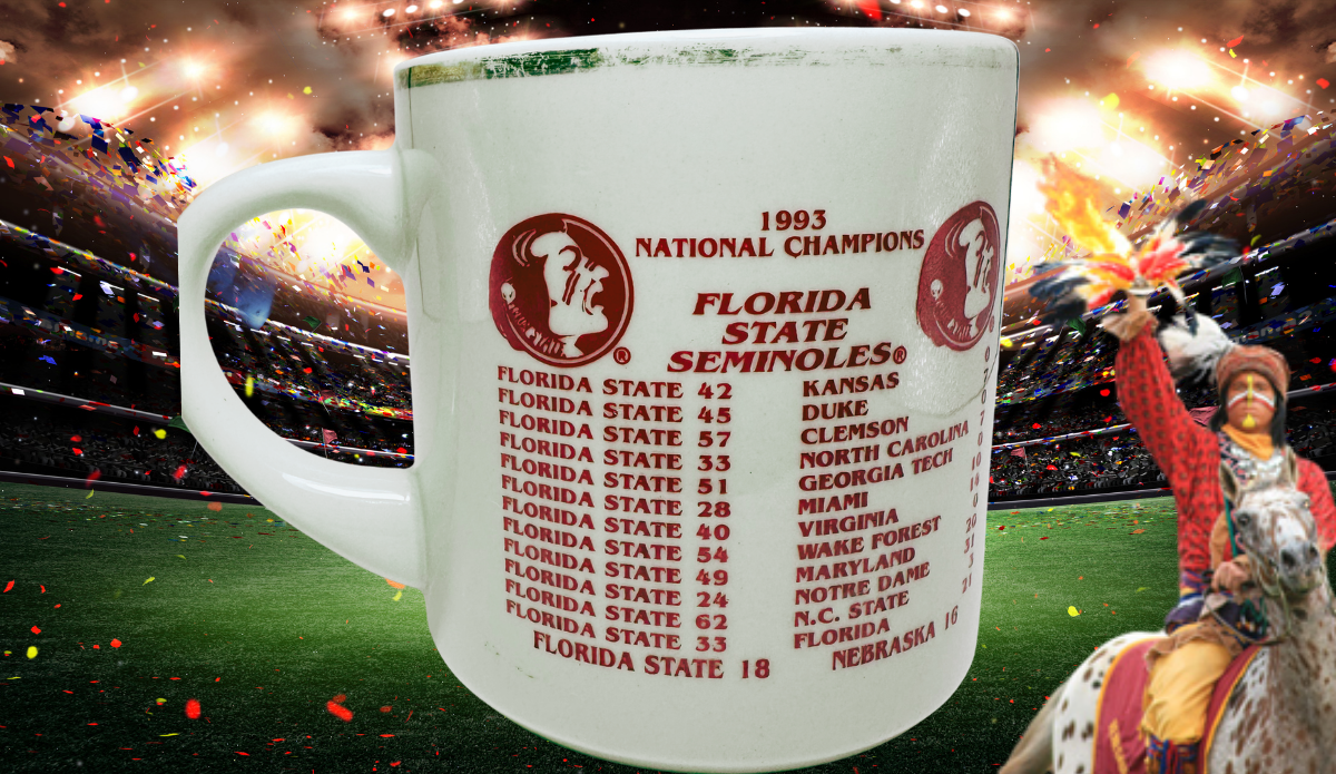 1993 Florida State Champions Mug in football stadium with Osceola riding Renegade