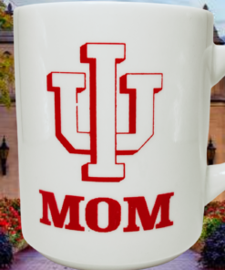 Indiana University Mom Mug displayed against an Indiana University campus backdrop