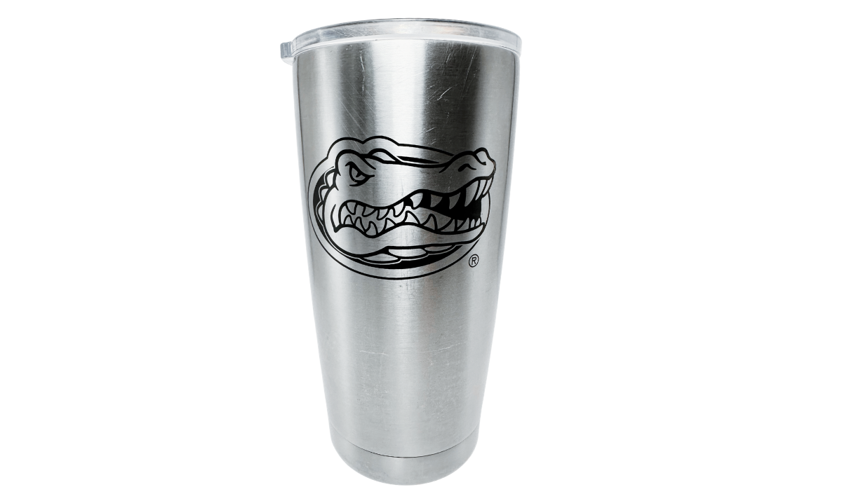 YETI Florida Gators Tumbler front view with black Gators head graphic and brushed stainless finish