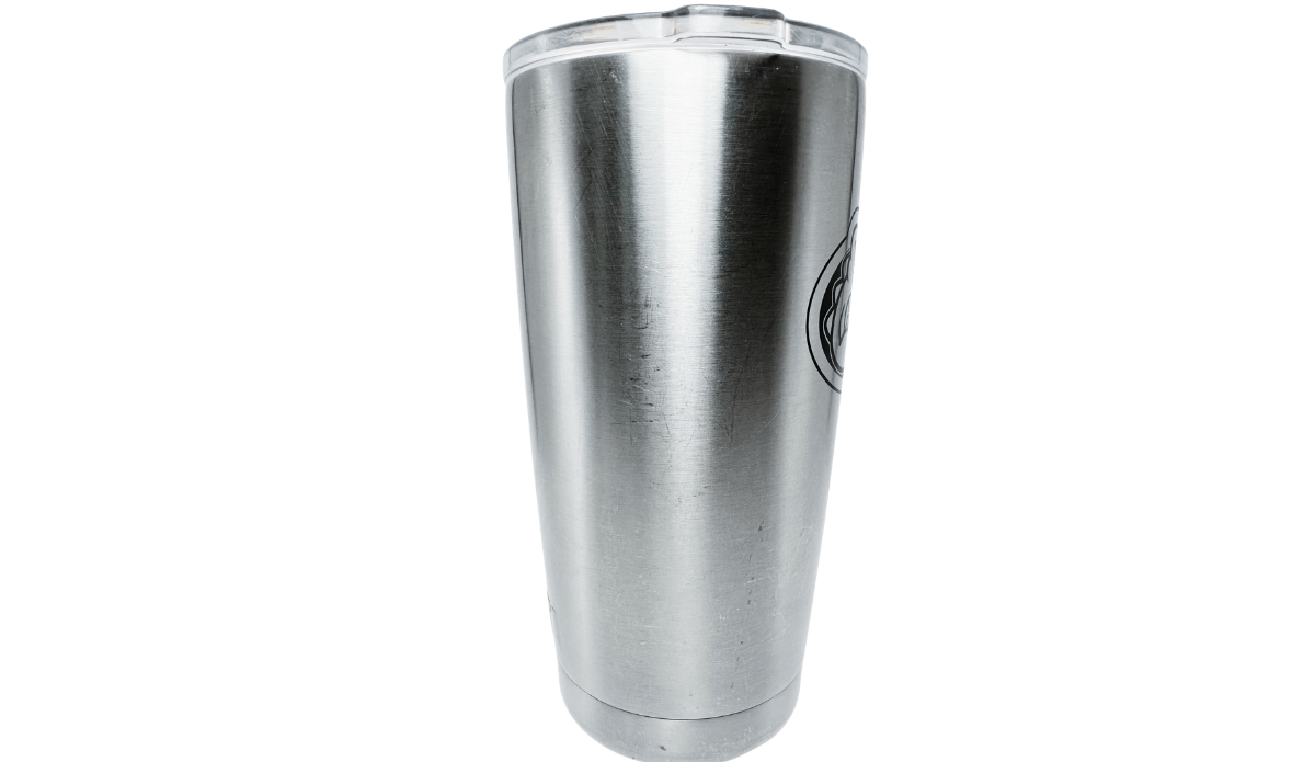 YETI Florida Gators Tumbler side view with brushed stainless steel body and clear lid