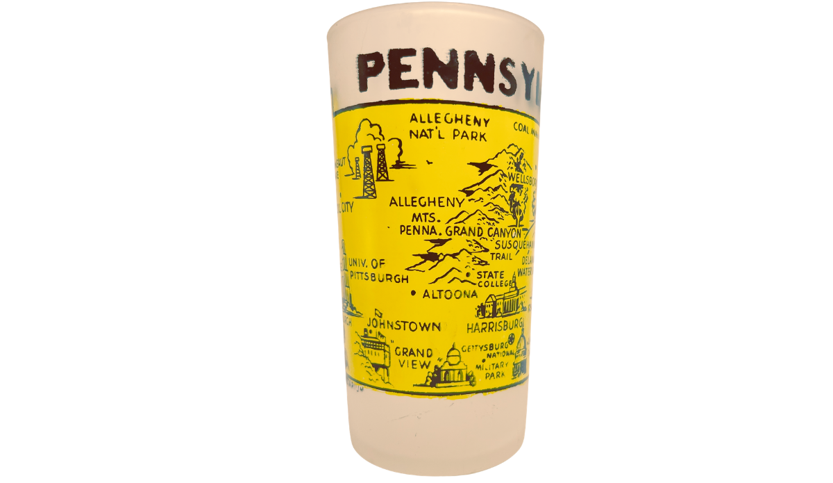 Vintage Pennsylvania Yellow Map Glass with Pennsylvania lettering, Allegheny Mountains, Harrisburg, Gettysburg, and yellow map artwork