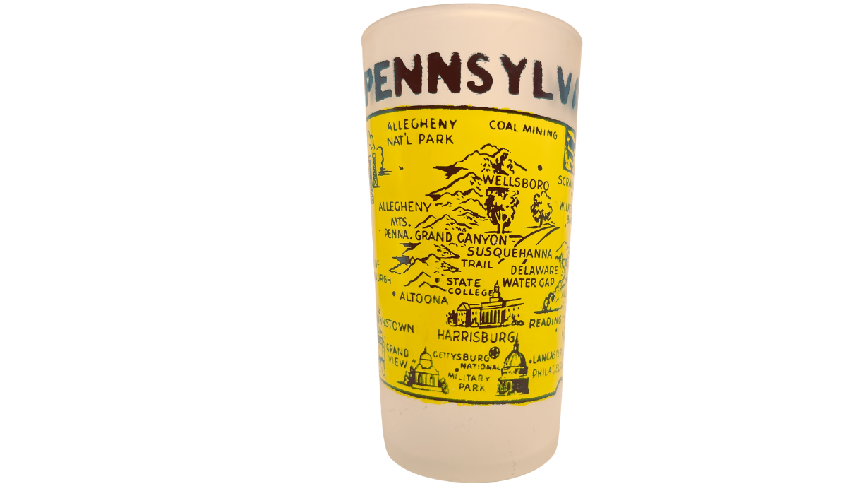 Vintage Pennsylvania Yellow Map Glass with Pennsylvania Grand Canyon, Harrisburg, Gettysburg, and Delaware Water Gap artwork
