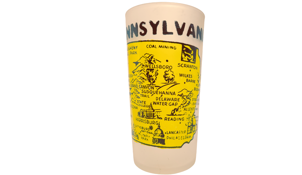 Vintage Pennsylvania Yellow Map Glass showing Scranton, Wilkes Barre, Allentown, Reading, Lancaster, and Philadelphia
