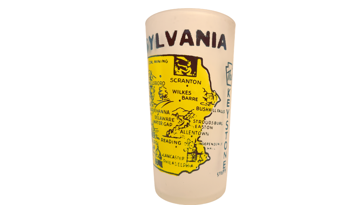 Vintage Pennsylvania Yellow Map Glass with eastern Pennsylvania map and The Keystone State lettering