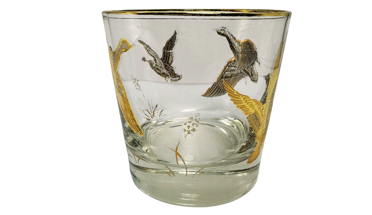 Vintage Game Bird Whiskey Glass alternate wraparound view with gold rim