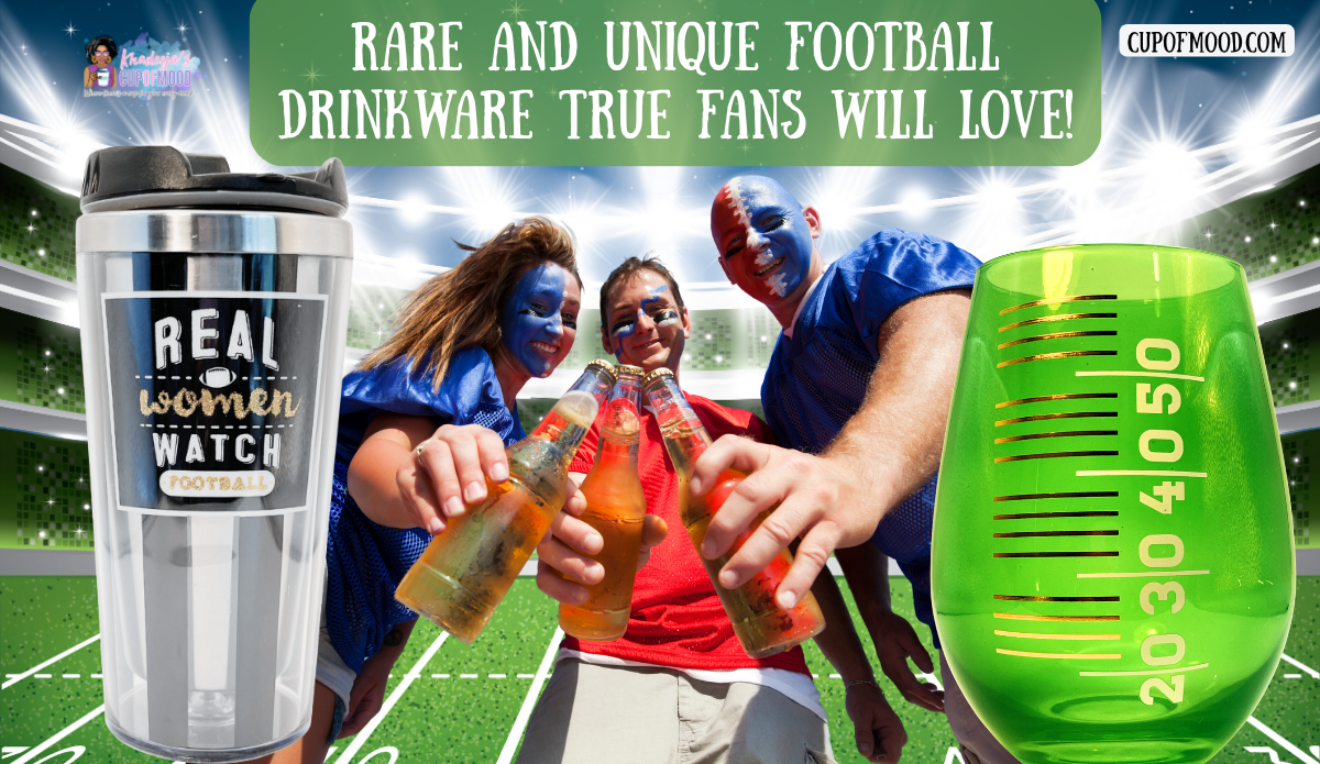 Rare football drinkware with football fans, insulated tumbler and green football field wine glass