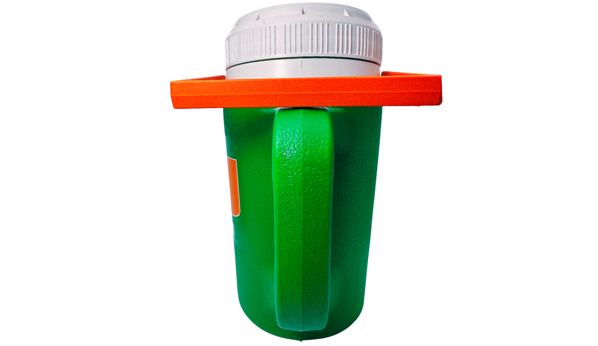 University of Miami Insulated Cooler molded green handle with white lid and orange carry handle