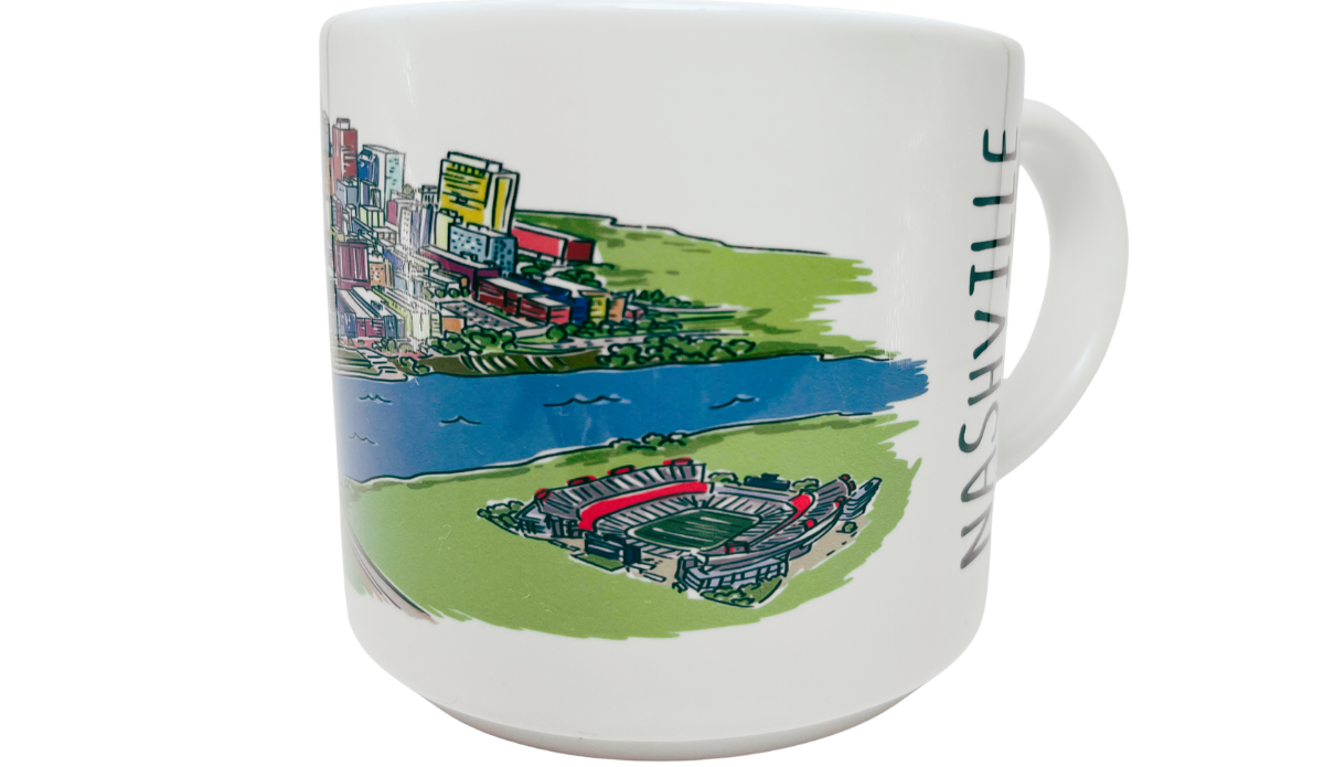 Nashville Tennessee Souvenir Mug side view with stadium, blue river, green landscape, and illustrated skyline