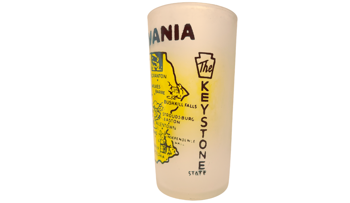 Vintage Pennsylvania Yellow Map Glass back view with frosted surface and partial yellow wraparound artwork