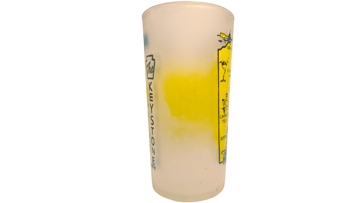 Vintage Pennsylvania Yellow Map Glass with Erie, Conneaut Lake, Oil City, Carnegie Tech, and Pittsburgh artwork