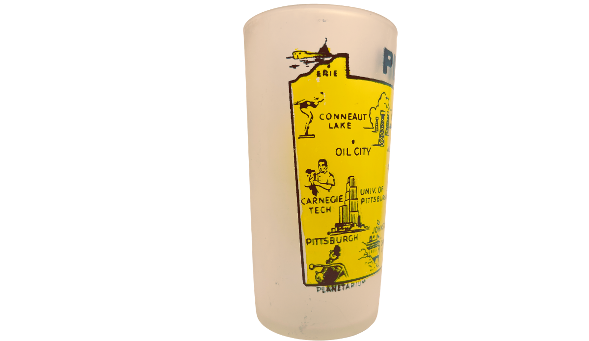 Vintage Pennsylvania Yellow Map Glass with Pittsburgh, Oil City, Allegheny imagery, Johnstown, and landmark illustrations