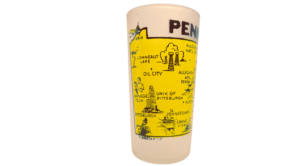 Vintage Pennsylvania Yellow Map Glass with western Pennsylvania destinations, Allegheny National Park, and yellow map artwork