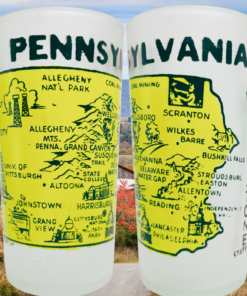 Vintage Pennsylvania Yellow Map Glass shown in two views against colorful Pennsylvania autumn countryside