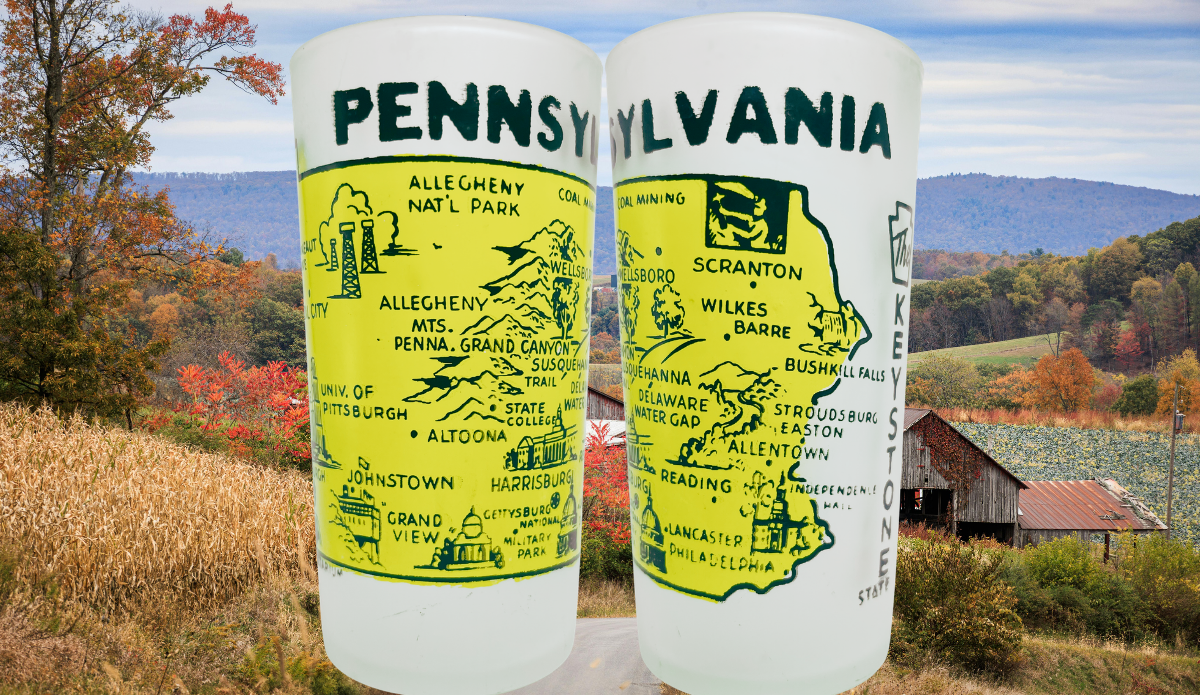 Vintage Pennsylvania Yellow Map Glass shown in two views against colorful Pennsylvania autumn countryside