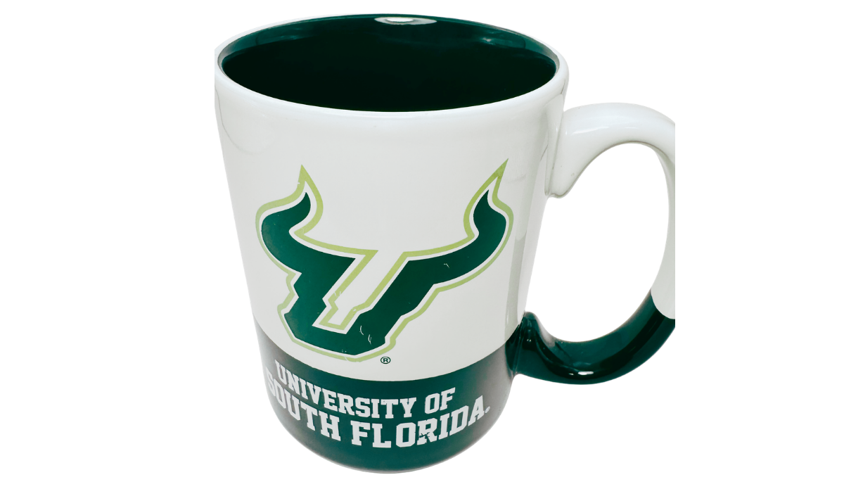 University of South Florida Bulls Two Tone Mug with dark green interior and horned-U logo