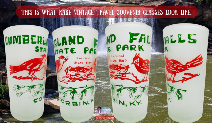 Four views of a Cumberland Falls State Park vintage souvenir glass with red cardinal artwork in front of a waterfall.