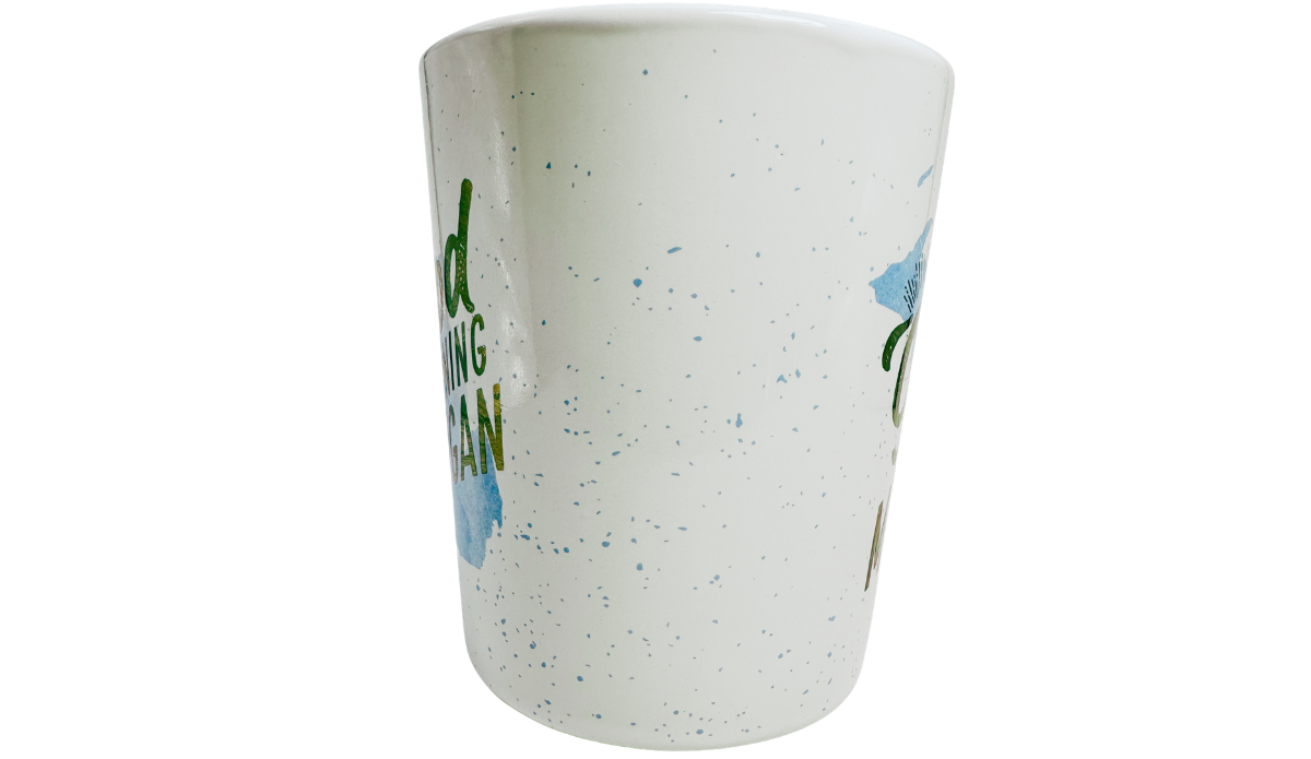 Good Morning Michigan Coffee Mug middle view showing blue speckles between the two decorated sides