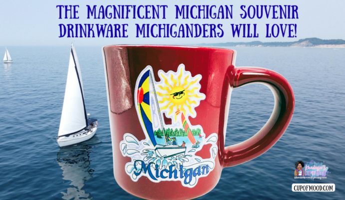 Michigan sailboat souvenir coffee mug overlooking a Great Lakes sailing scene