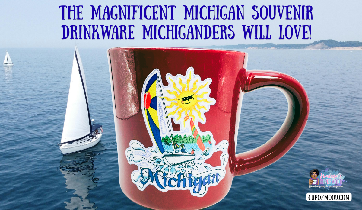 Michigan sailboat souvenir coffee mug overlooking a Great Lakes sailing scene
