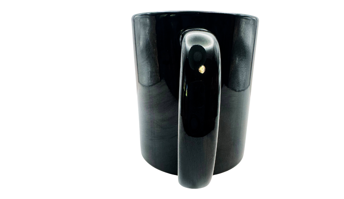 Sorcerer Crystal Ball Coffee Mug handle view with glossy black ceramic