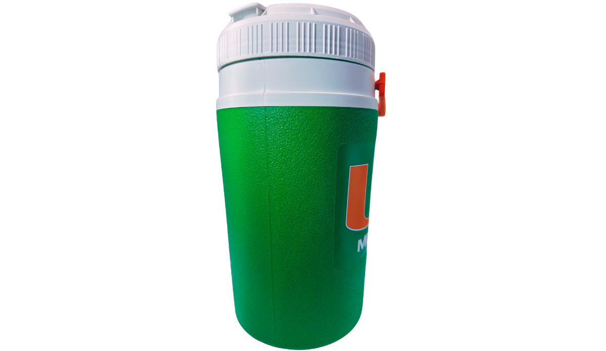 University of Miami Insulated Cooler green textured back with white lid and orange carry detail