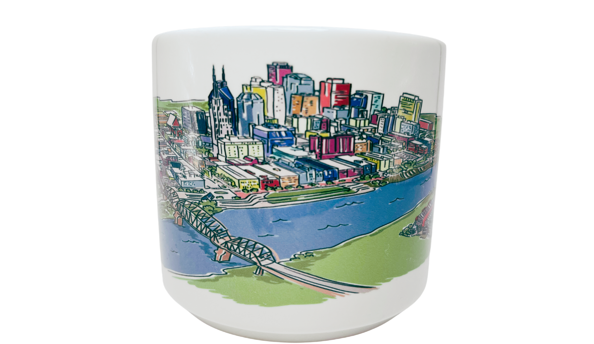 Nashville Tennessee Souvenir Mug back view with colorful downtown skyline, bridge, blue river, and green riverbanks