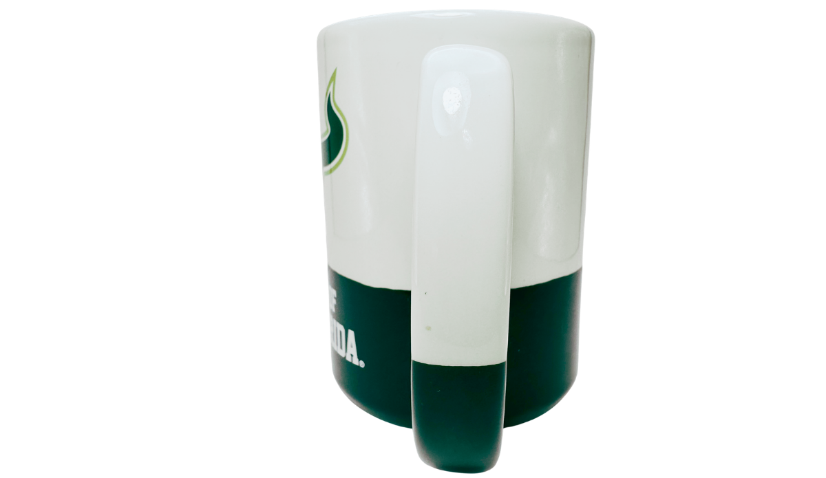 University of South Florida Bulls Two Tone Mug handle view with white and dark green handle