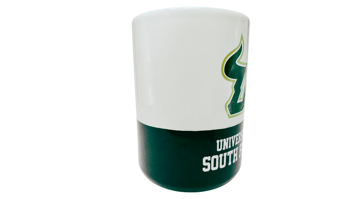 University of South Florida Bulls Two Tone Mug middle view with green lower band and partial school graphics