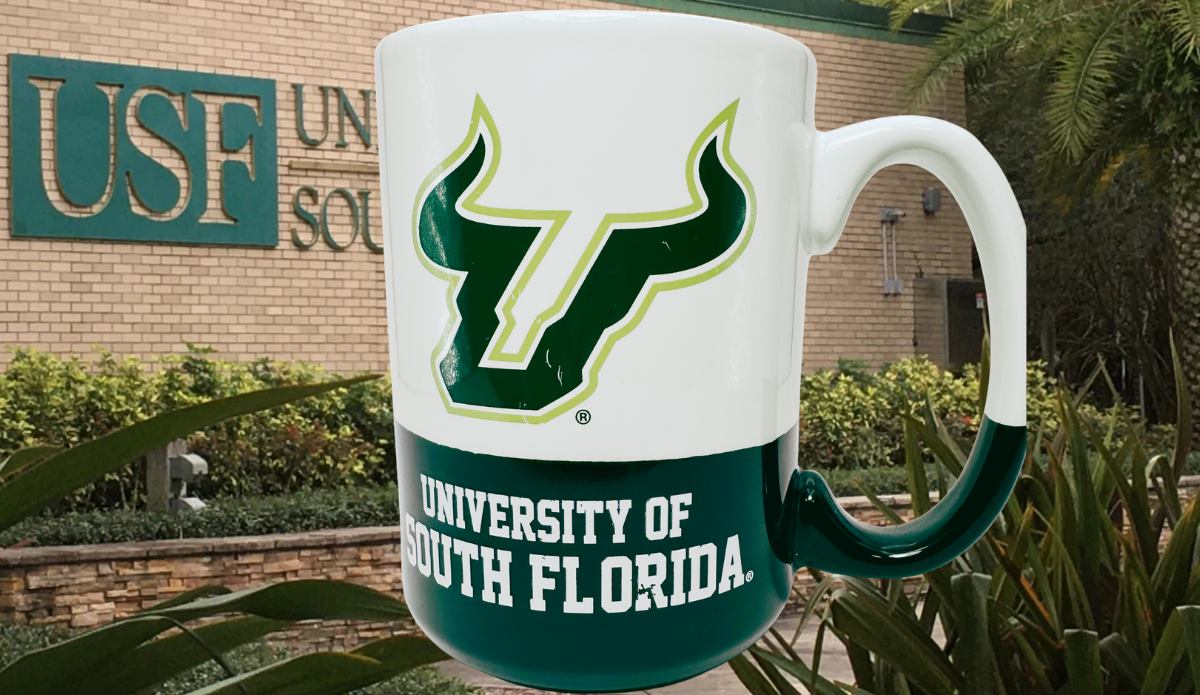 University of South Florida Bulls Two Tone Mug displayed at a USF campus setting