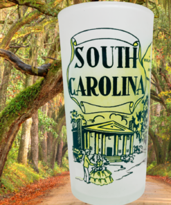 Vintage South Carolina Map Glass displayed against a scenic tree-lined Southern road with warm autumn foliage