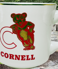 Cornell University Leaning Bear Mug displayed against a Cornell University entrance backdrop