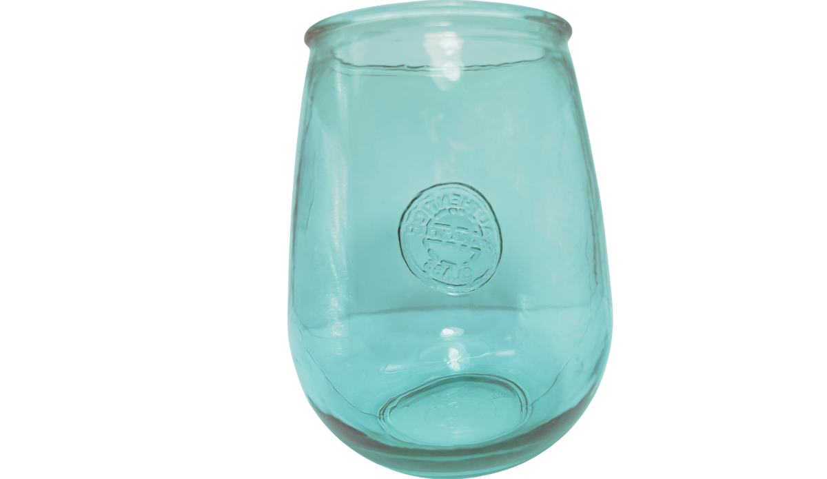 Back view of San Miguel teal recycled glass wine glass with embossed seal visible through transparent glass