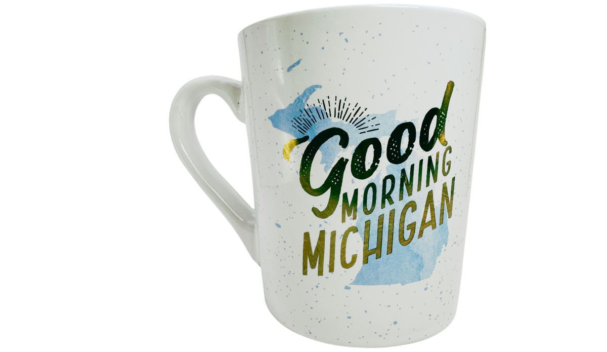Good Morning Michigan Coffee Mug back view with Michigan silhouette and Good Morning Michigan lettering
