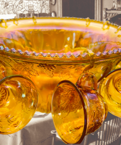 Vintage Indiana Glass Harvest Grape Punch Set displayed in a nostalgic dining room scene