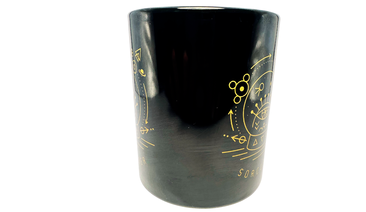 Sorcerer Crystal Ball Coffee Mug middle view with edges of gold-tone mystical artwork
