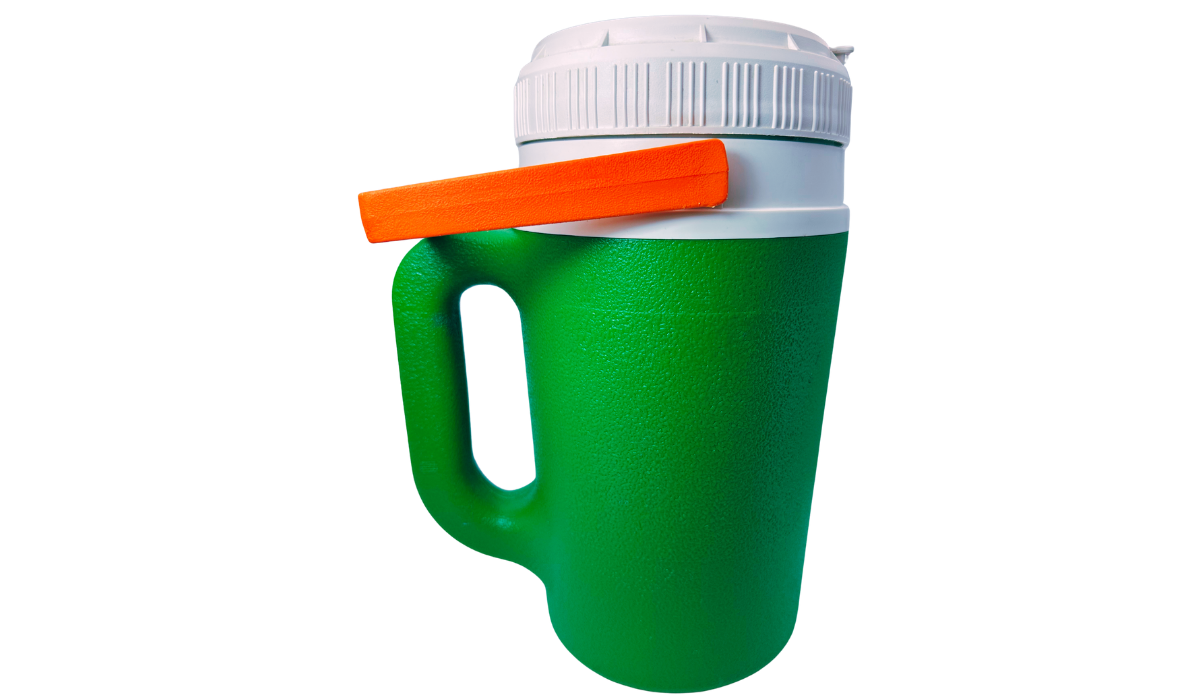 University of Miami Insulated Cooler side view with molded handle, white lid, and orange carry handle