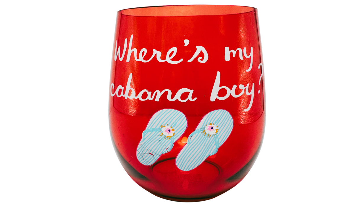 Cabana Boy Acrylic Wine Glass front view with red body, white cabana wording, and aqua flip-flops