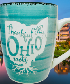 Thankful For My Ohio Roots Souvenir Mug with Columbus skyline and Scioto riverfront at sunset