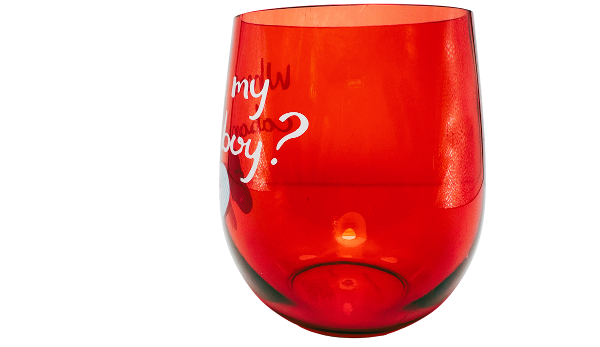 Cabana Boy Acrylic Wine Glass opposite side view with red acrylic body and partial white wording