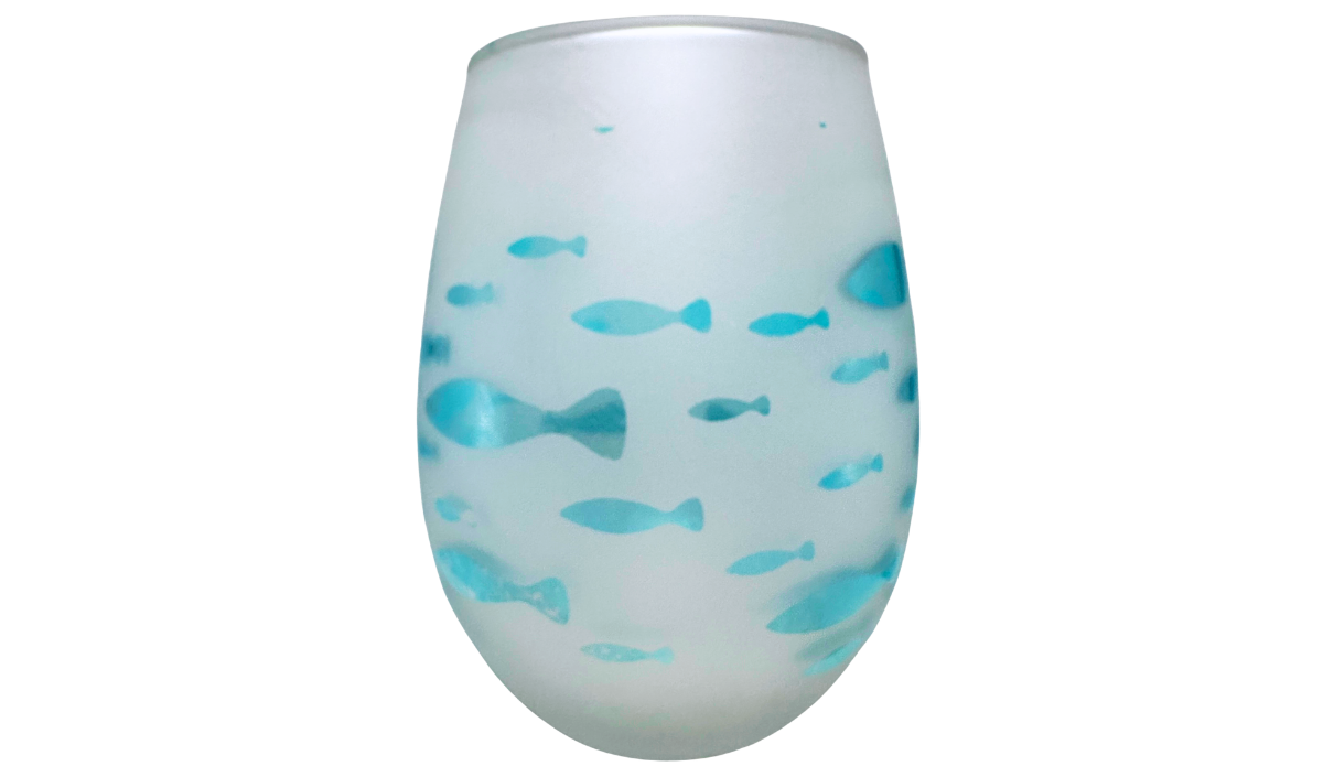 Aqua Fish Wine Glass with frosted finish and wraparound turquoise fish pattern