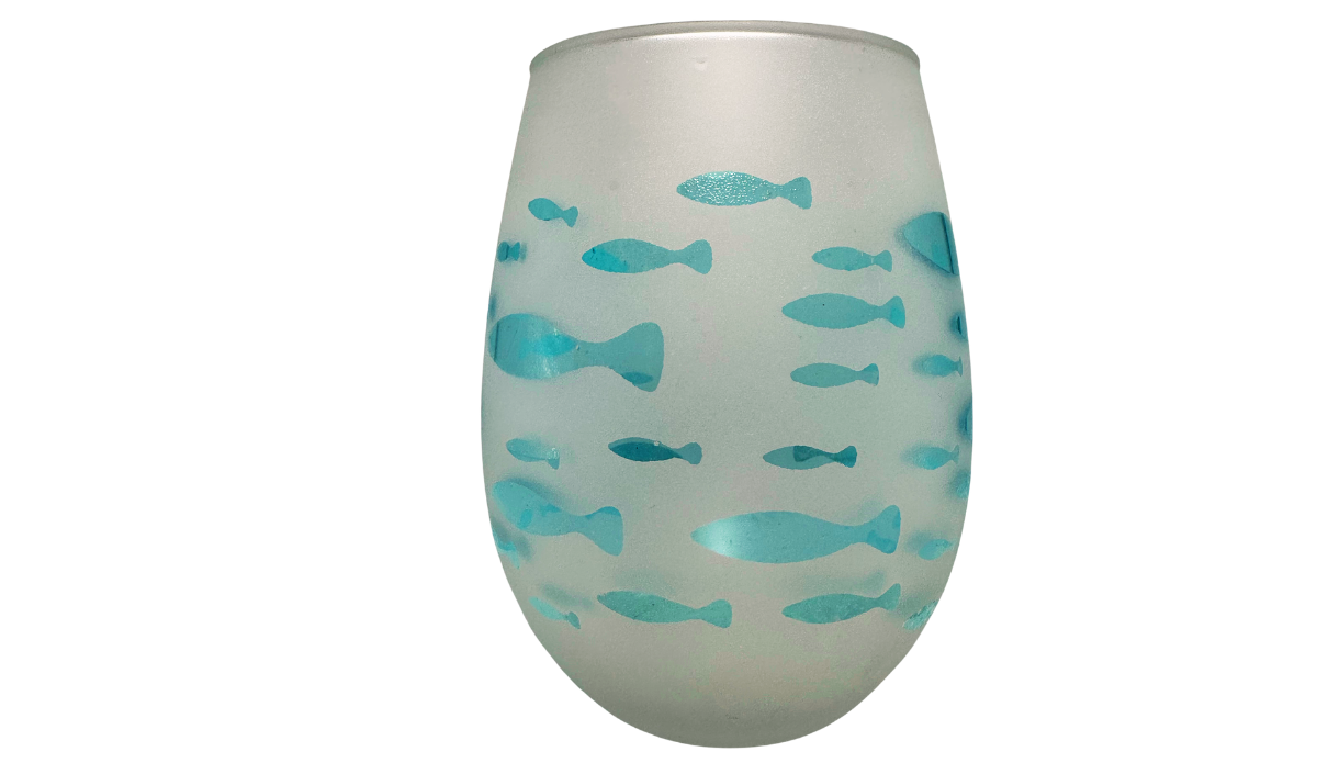 Aqua Fish Wine Glass rotated view with multiple turquoise fish on frosted glass