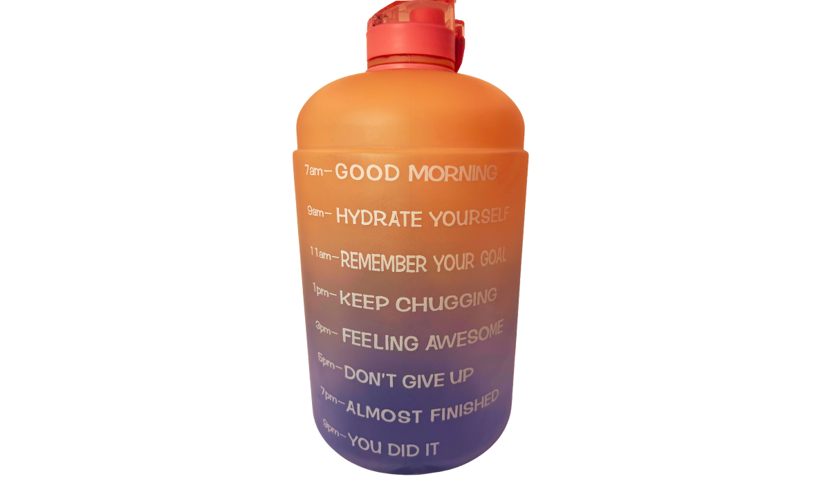 Pink Ombre Motivational Water Bottle front view with coral, peach, lavender, and purple gradient plus hourly hydration reminders