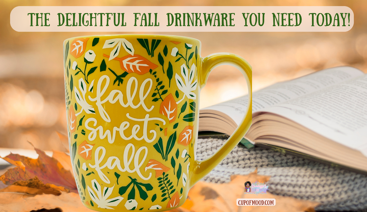 Yellow Fall Sweet Fall Mug with autumn leaf designs beside an open book, cozy knit blanket, and fallen leaves.