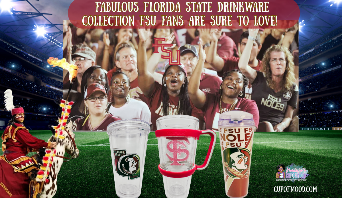 Florida State fans cheering at a football game with Osceola and Renegade and three Florida State Seminoles drinkware styles in the foreground