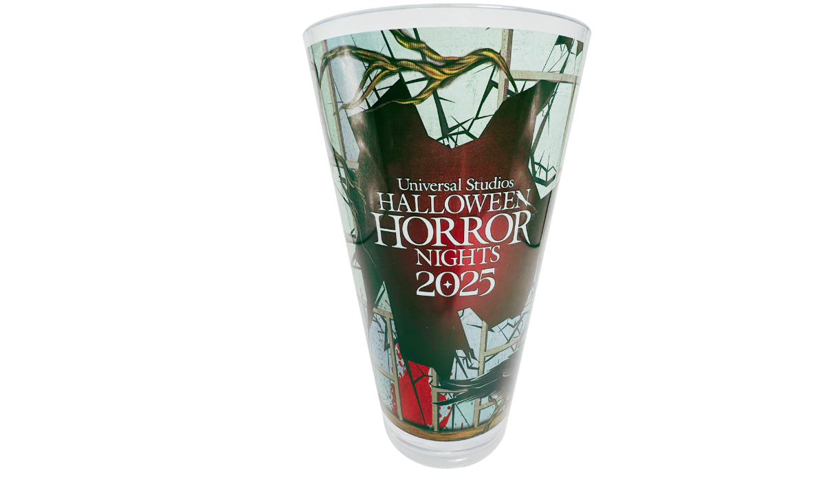 HHN 2025 Souvenir Cup with Universal Studios Halloween Horror Nights 2025 branding and shattered window artwork