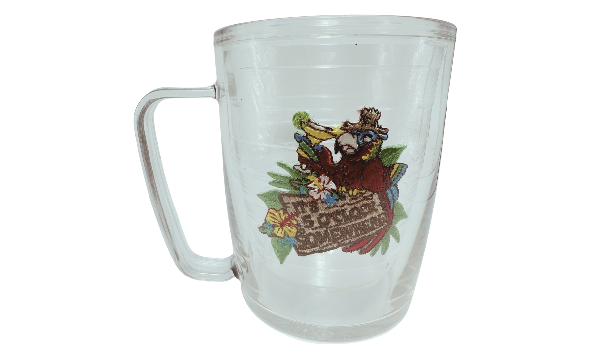Tervis Margaritaville Red Parrot Mug front view featuring red parrot wearing blue sunglasses, tropical flowers, and It's 5 O'Clock Somewhere sign.
