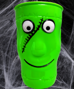 3D Frankenstein Halloween Cup displayed against dark spiderweb background with Halloween spiders