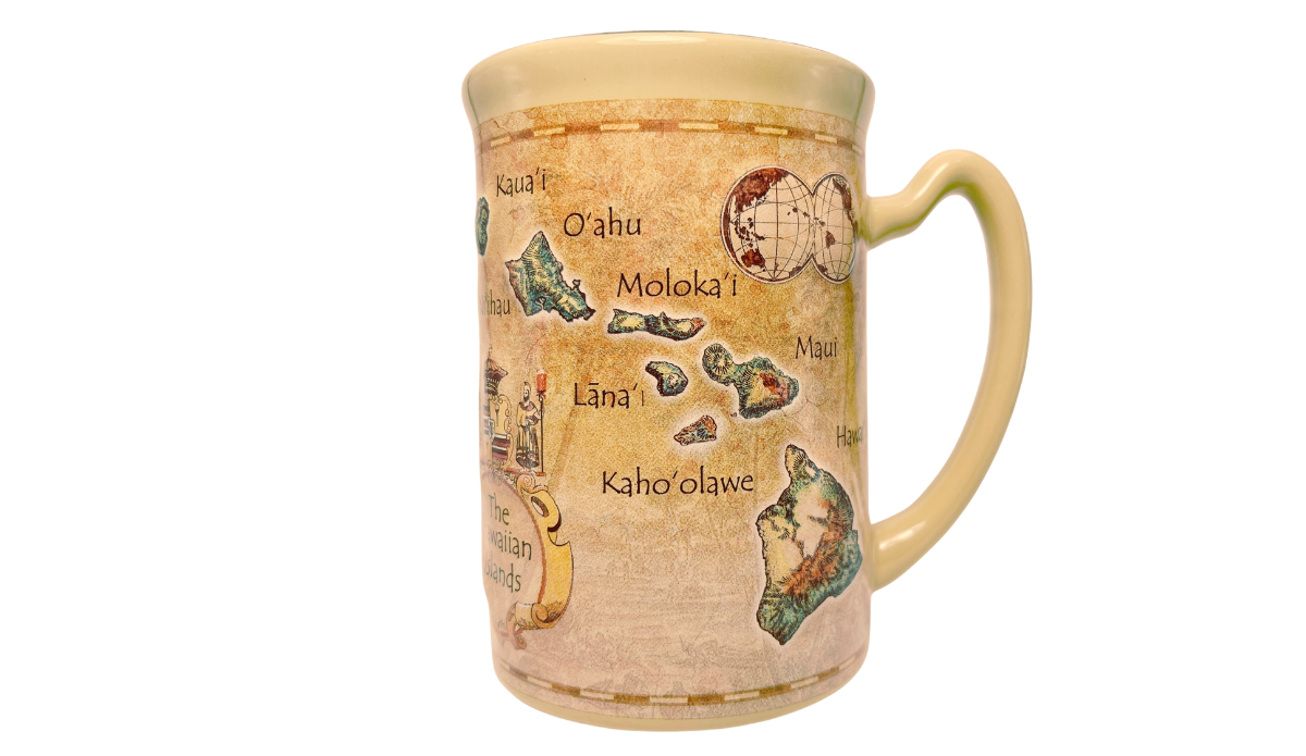 Island Heritage Hawaii Map Mug showing labeled Hawaiian Islands, globe artwork, flared cream rim, and curved ceramic handle.