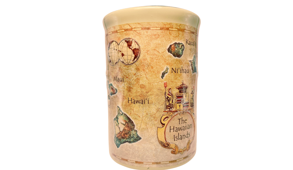 Island Heritage Hawaii Map Mug with decorative Hawaiian coat of arms, The Hawaiian Islands scroll, and colorful island illustrations.